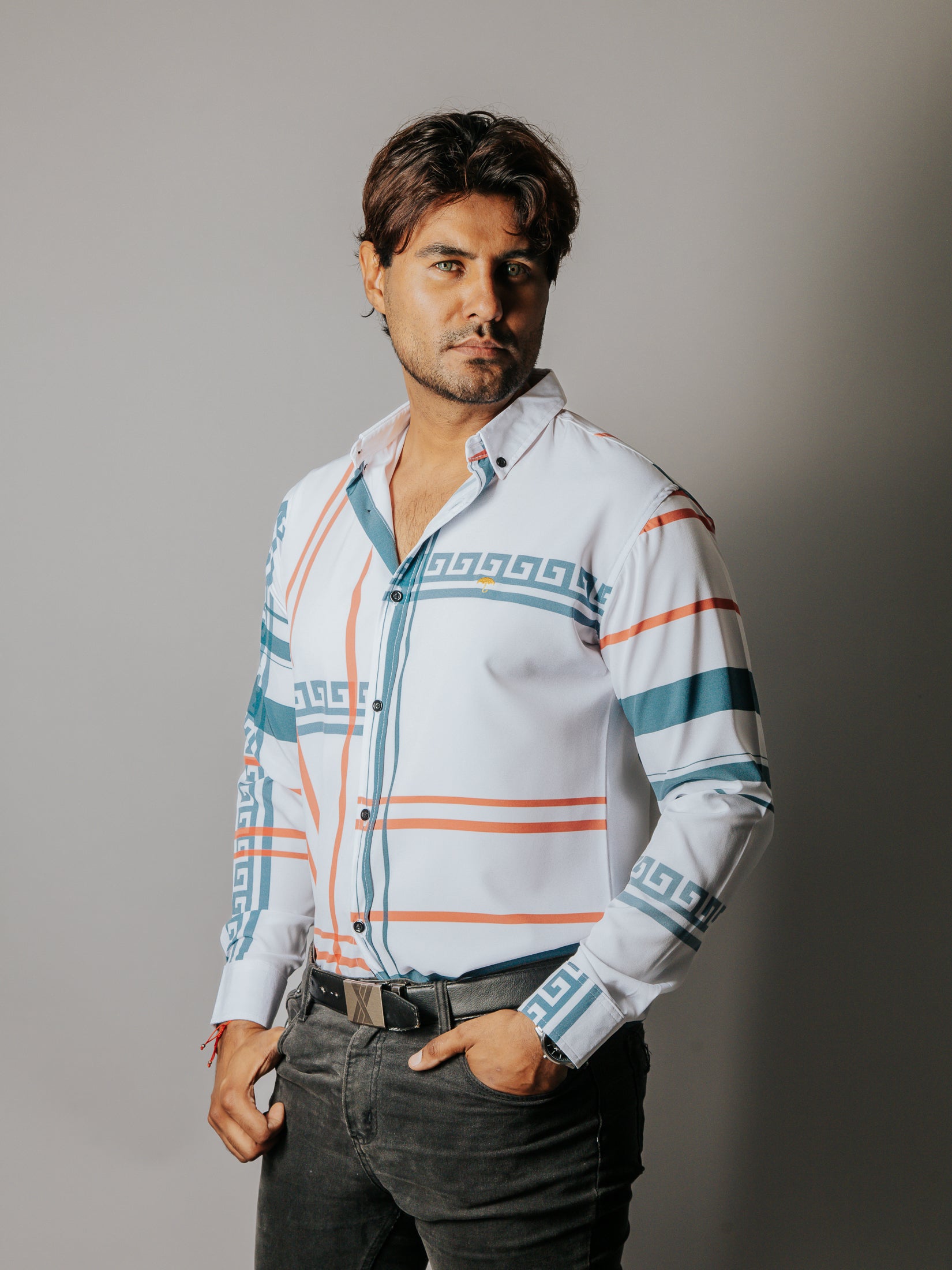 Camisa Hombre Casual Líneas Naranja Grecas Gris