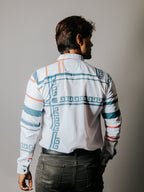 Camisa Hombre Casual Líneas Naranja Grecas Gris