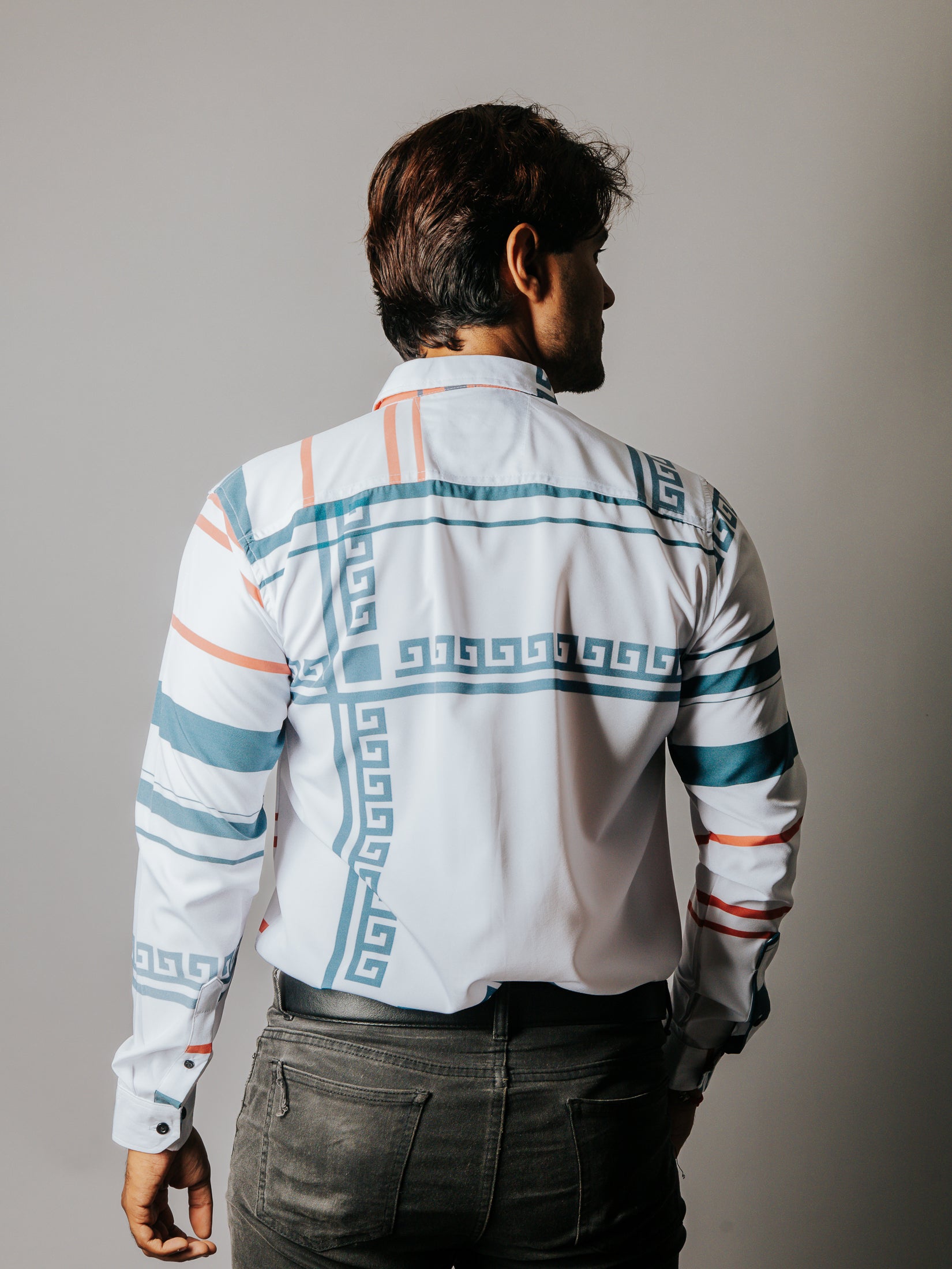 Camisa Hombre Casual Líneas Naranja Grecas Gris