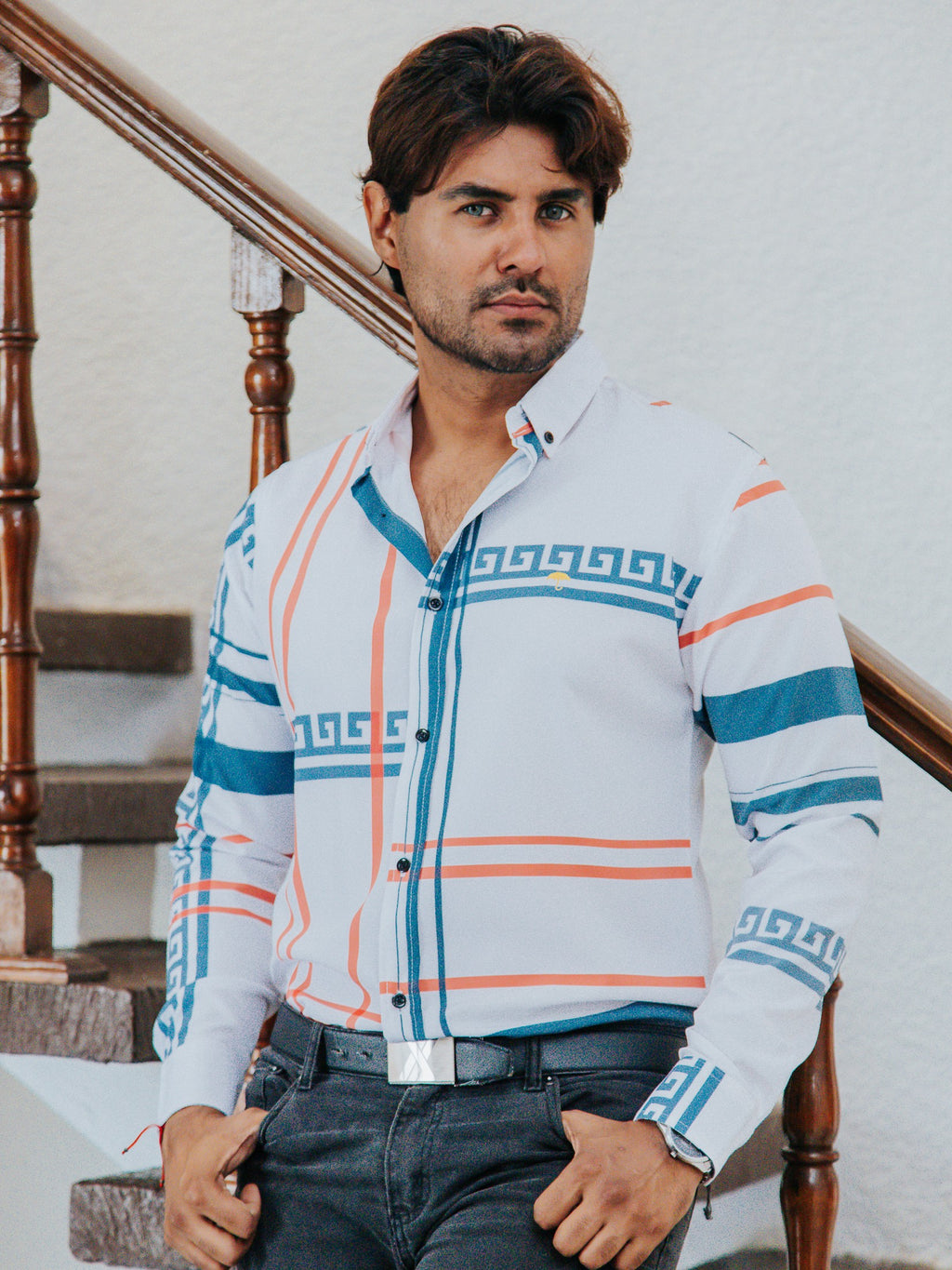 Camisa Hombre Casual Líneas Naranja Grecas Gris