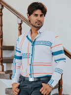 Camisa Hombre Casual Líneas Naranja Grecas Gris