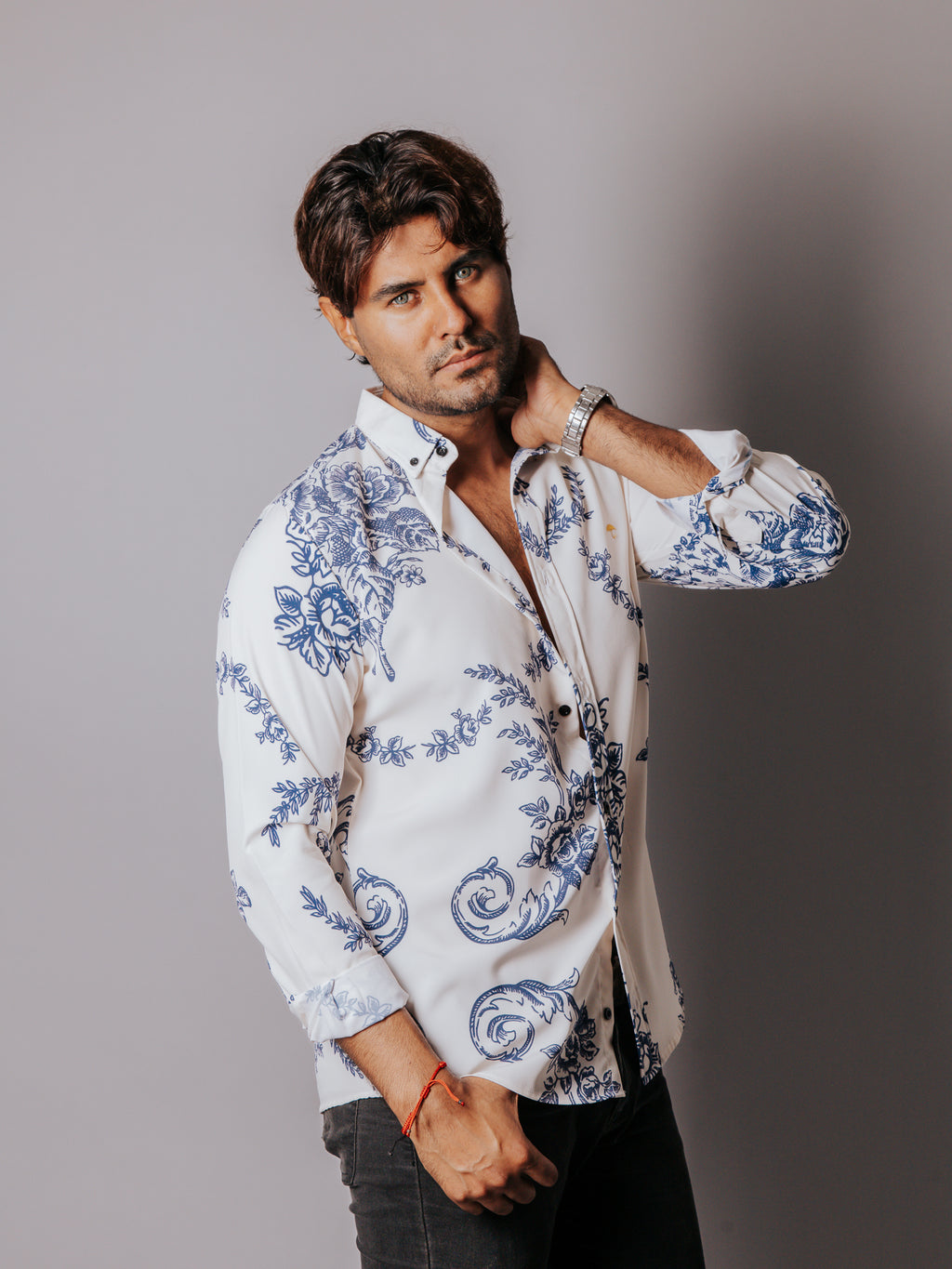 Camisa Hombre Casual Flores Azul