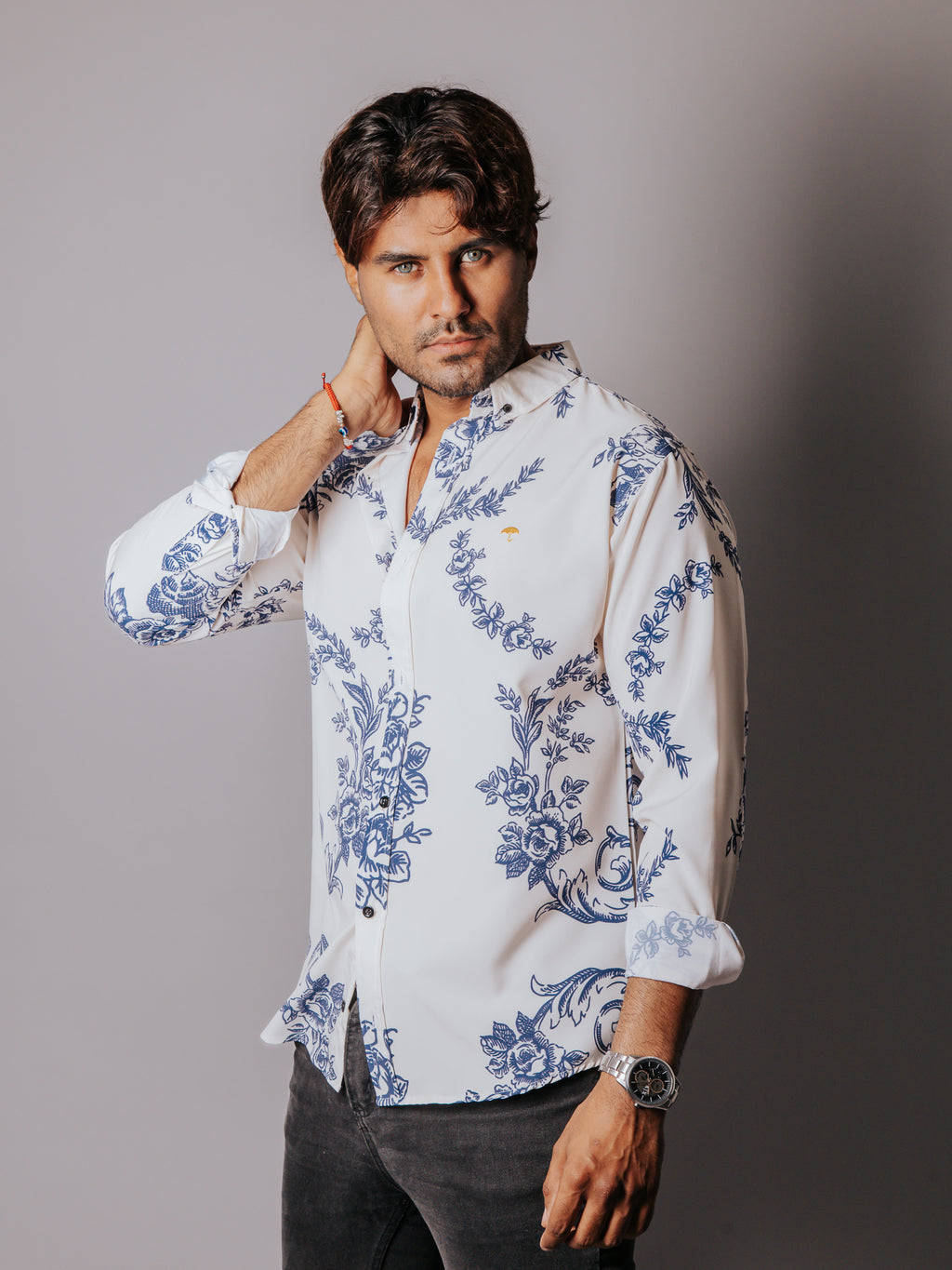 Camisa Hombre Casual Flores Azul
