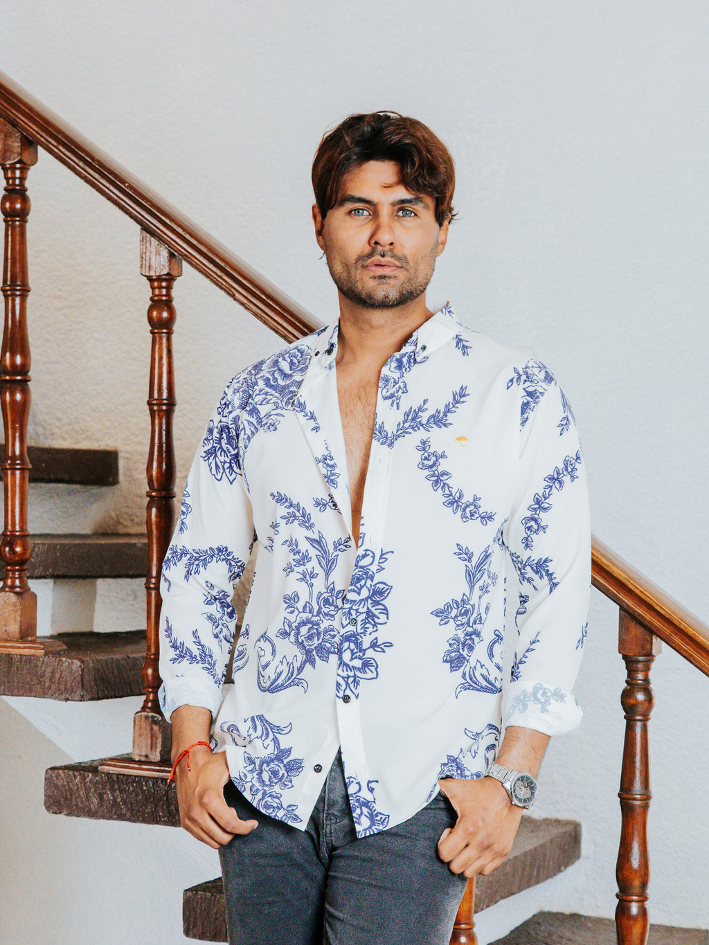 Camisa Hombre Casual Flores Azul