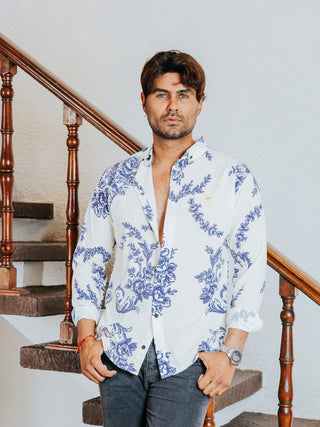 Camisa Hombre Casual Flores Azul