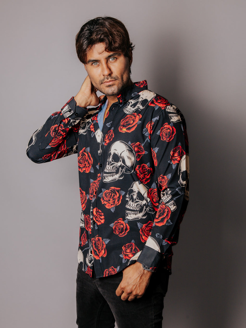 Camisa Hombre Casual Calaveras y Rosas Negra