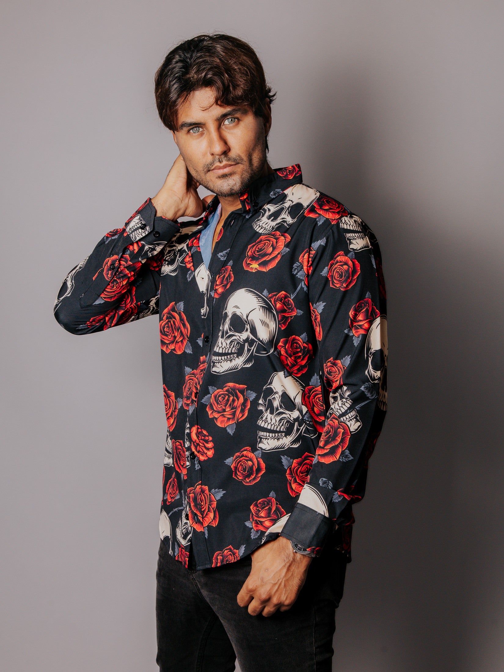 Camisa Hombre Casual Calaveras y Rosas Negra