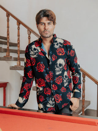 Camisa Hombre Casual Calaveras y Rosas Negra