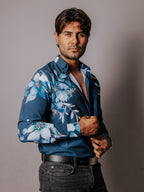 Camisa Hombre Casual Azul Flores