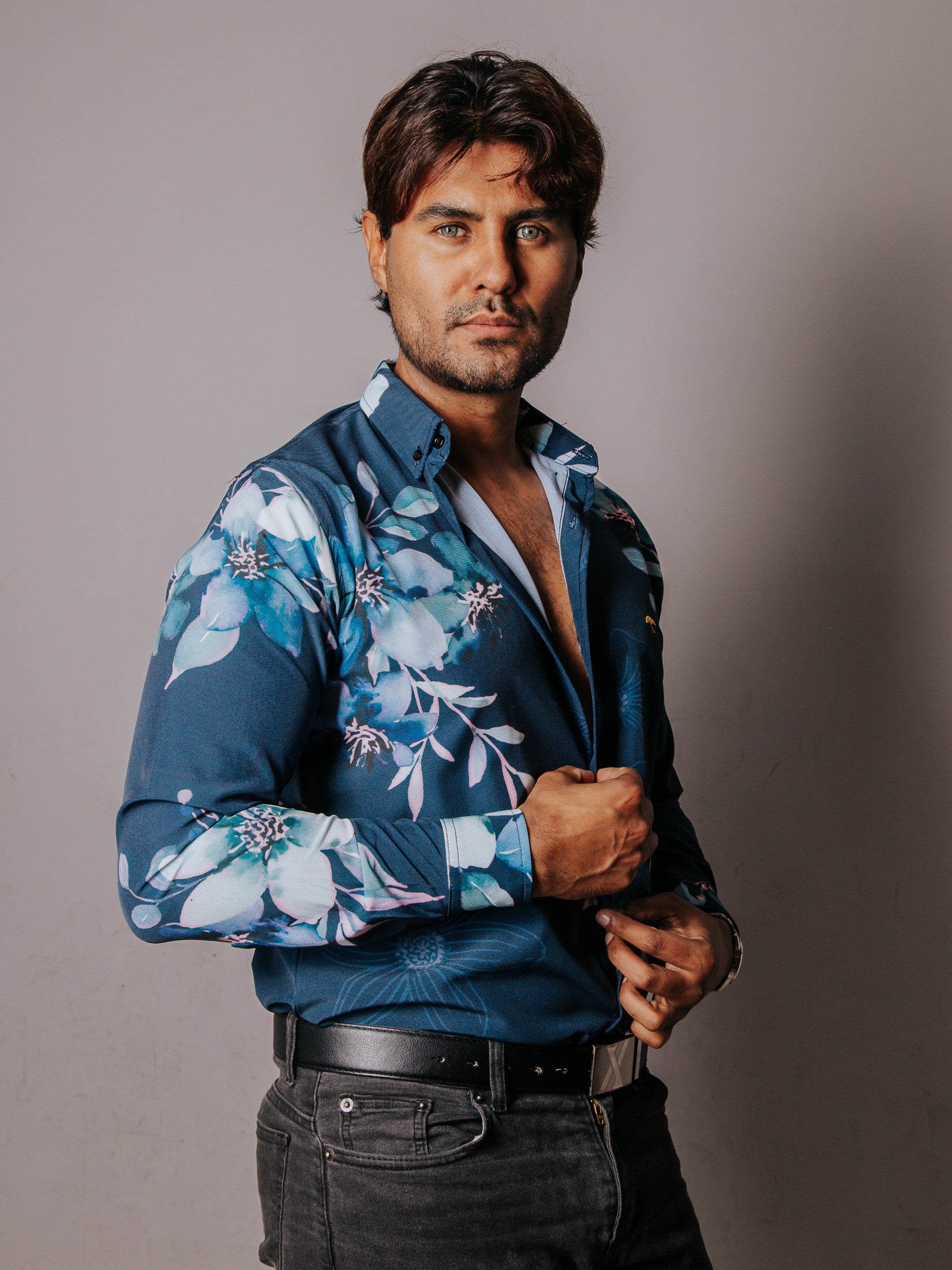 Camisa Hombre Casual Azul Flores