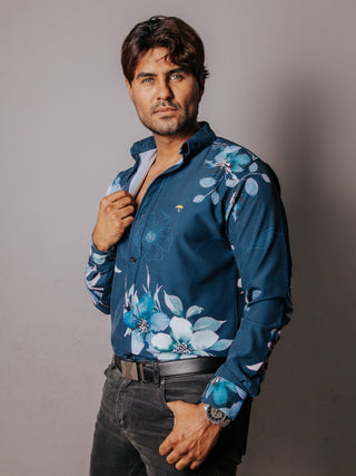 Camisa Hombre Casual Azul Flores
