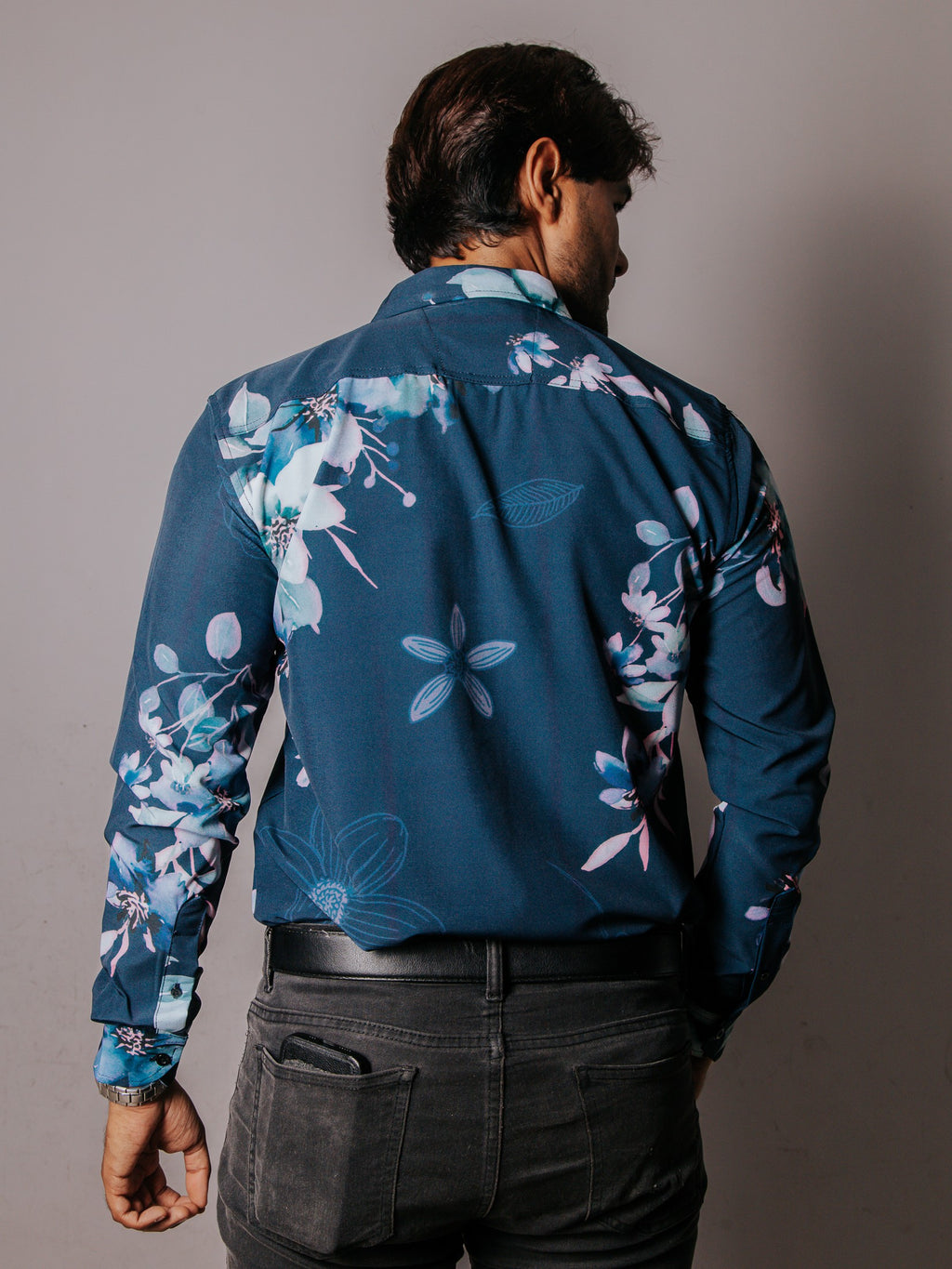 Camisa Hombre Casual Azul Flores