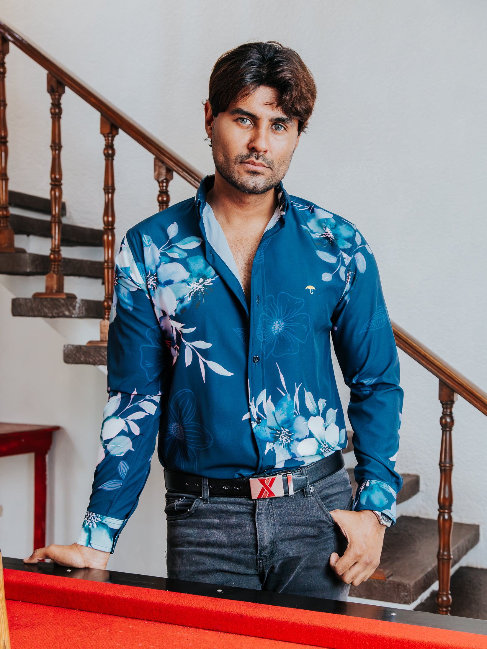 Camisa Hombre Casual Azul Flores