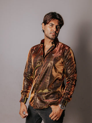 Camisa Hombre Dorado Rojizo Detalle Cuadros