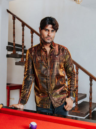Camisa Hombre Dorado Rojizo Detalle Cuadros