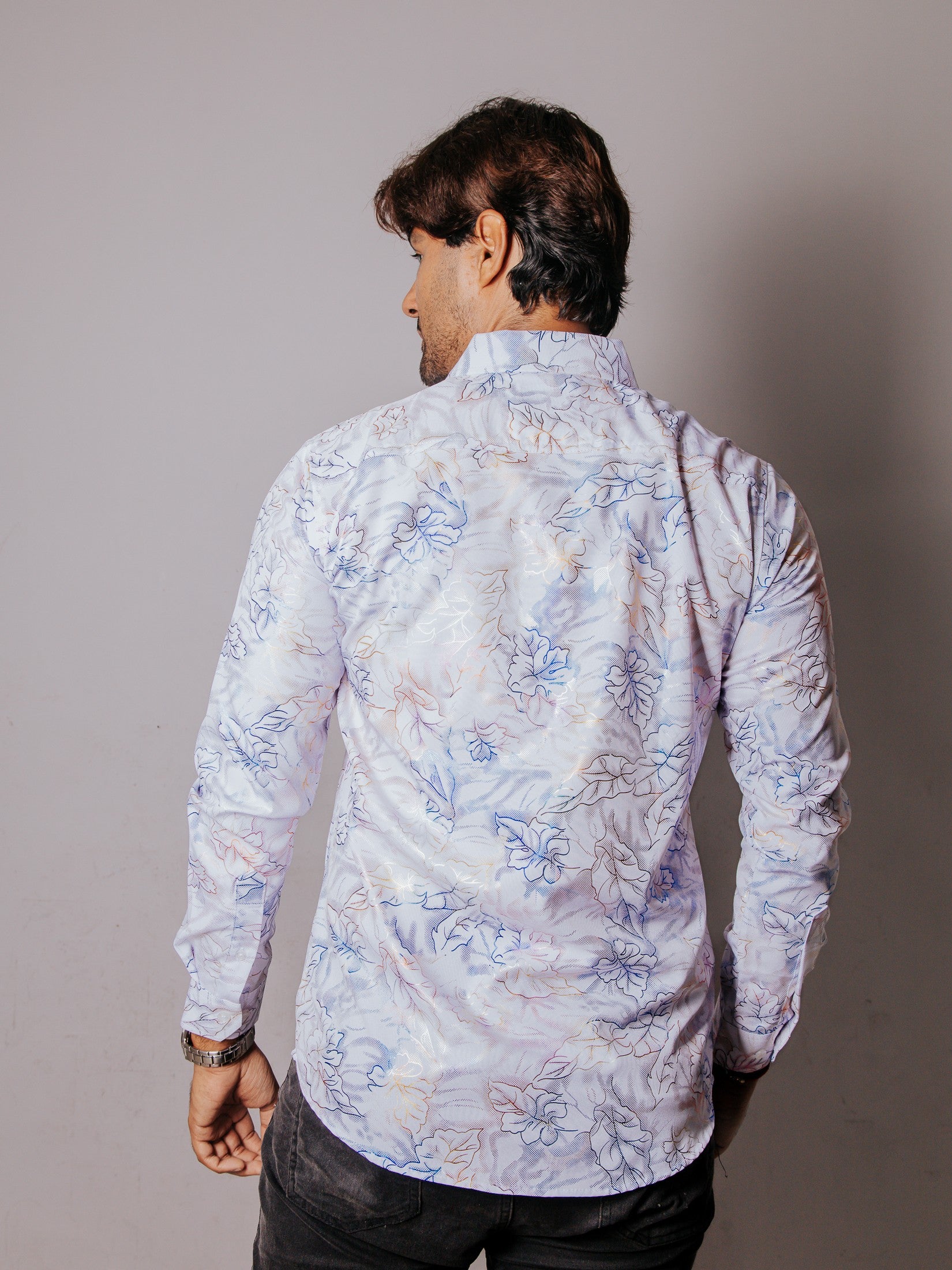 Camisa Hombre Casual Slim Fit Blanca Hojas Tornasol - 34 (S)-Tiendas Platino