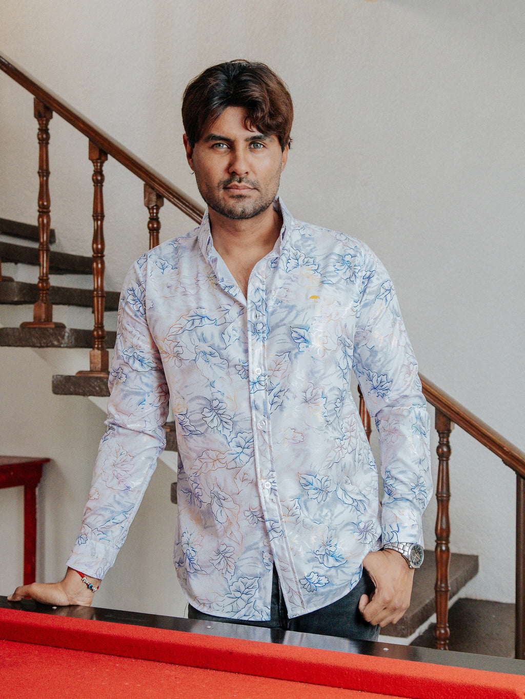 Camisa Hombre Casual Slim Fit Blanca Hojas Tornasol - 34 (S)-Tiendas Platino