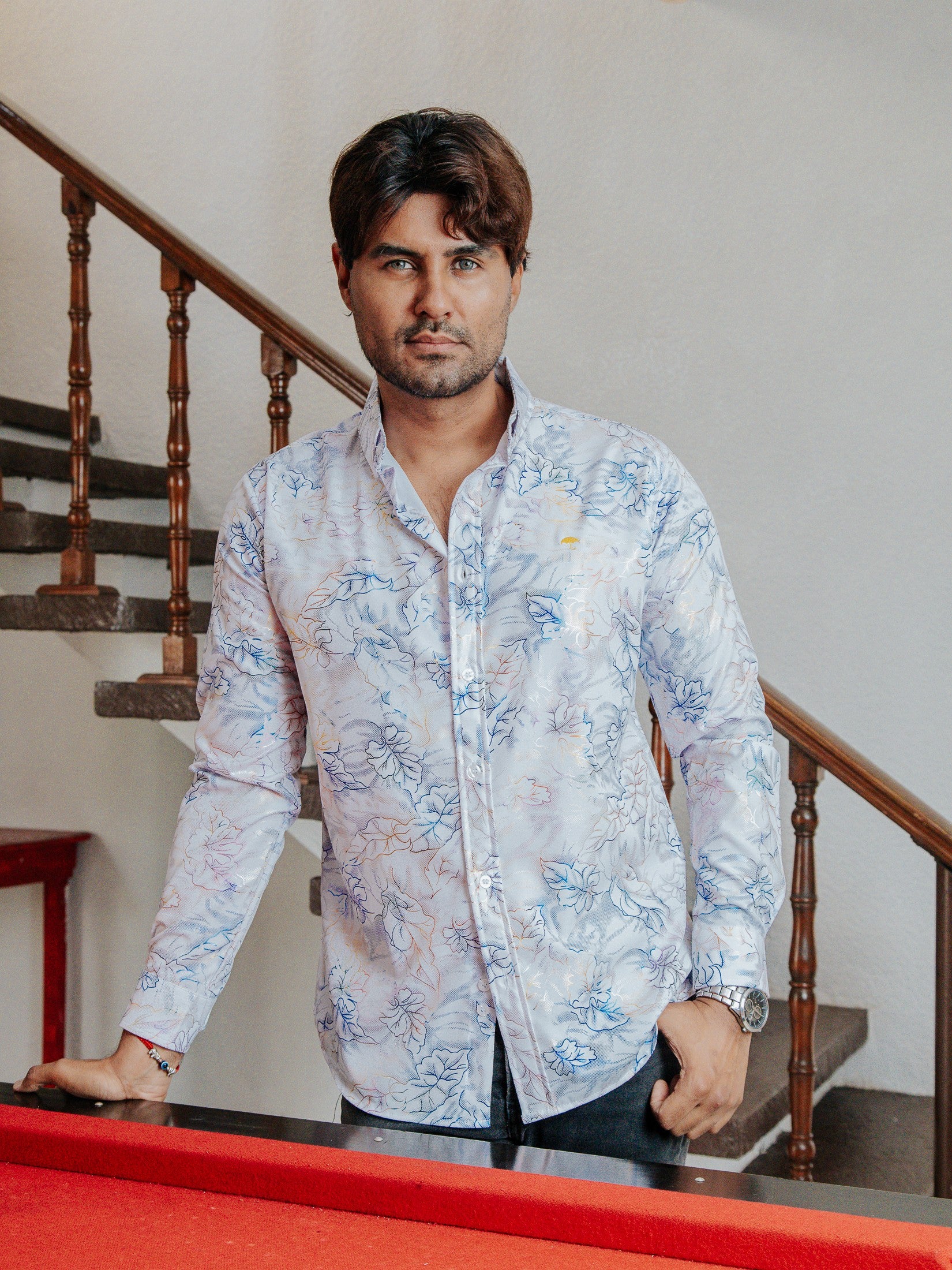 Camisa Hombre Casual Slim Fit Blanca Hojas Tornasol - 34 (S)-Tiendas Platino