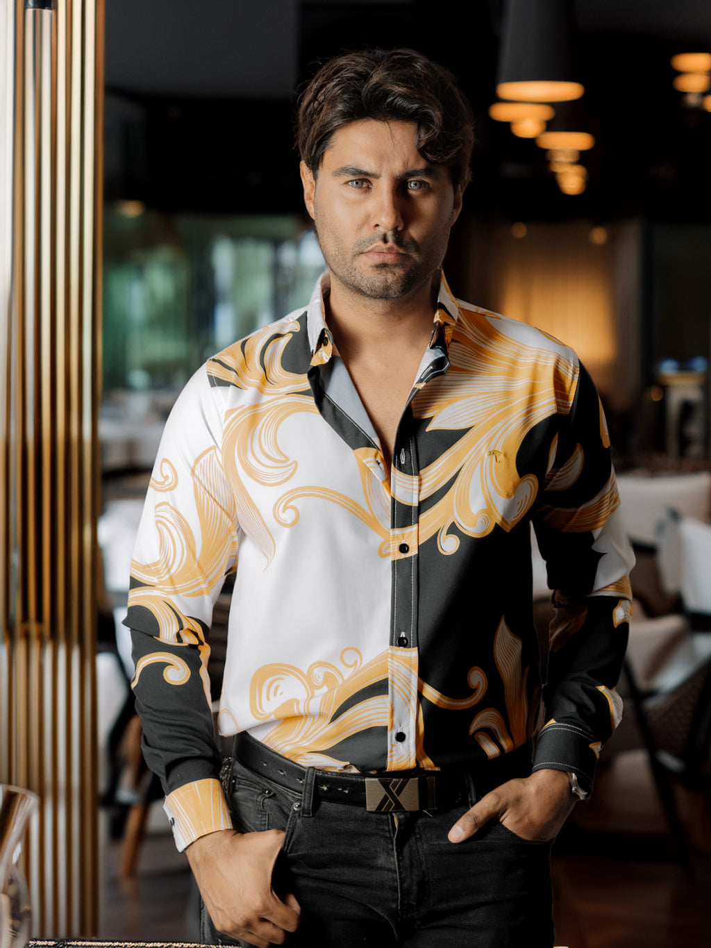 Camisa Hombre Casual Negra Floral Dorado Blanco