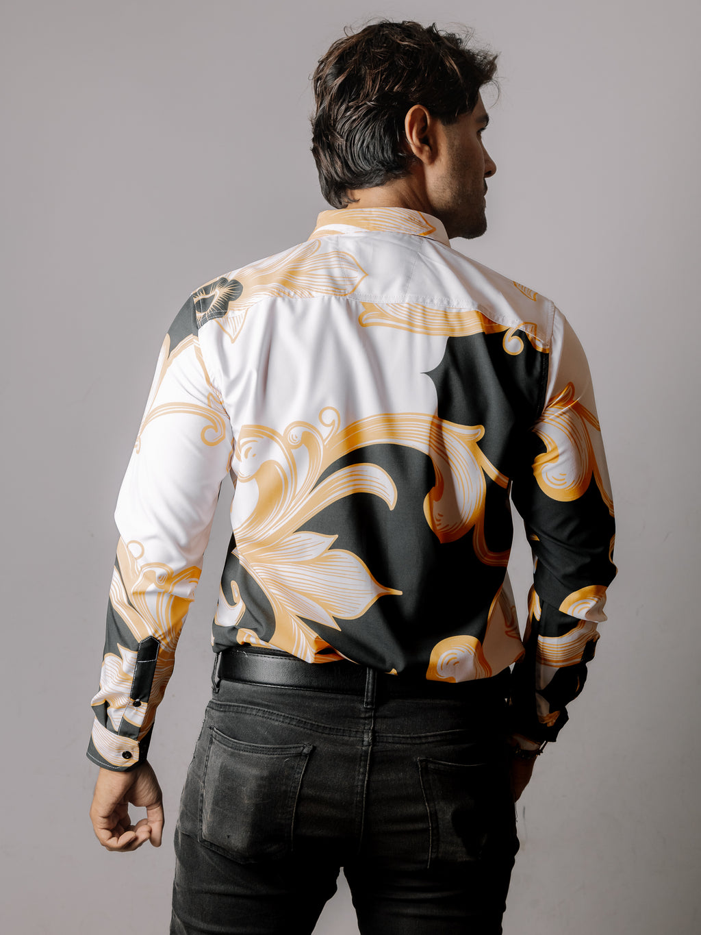 Camisa Hombre Casual Negra Floral Dorado Blanco