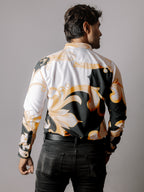 Camisa Hombre Casual Negra Floral Dorado Blanco