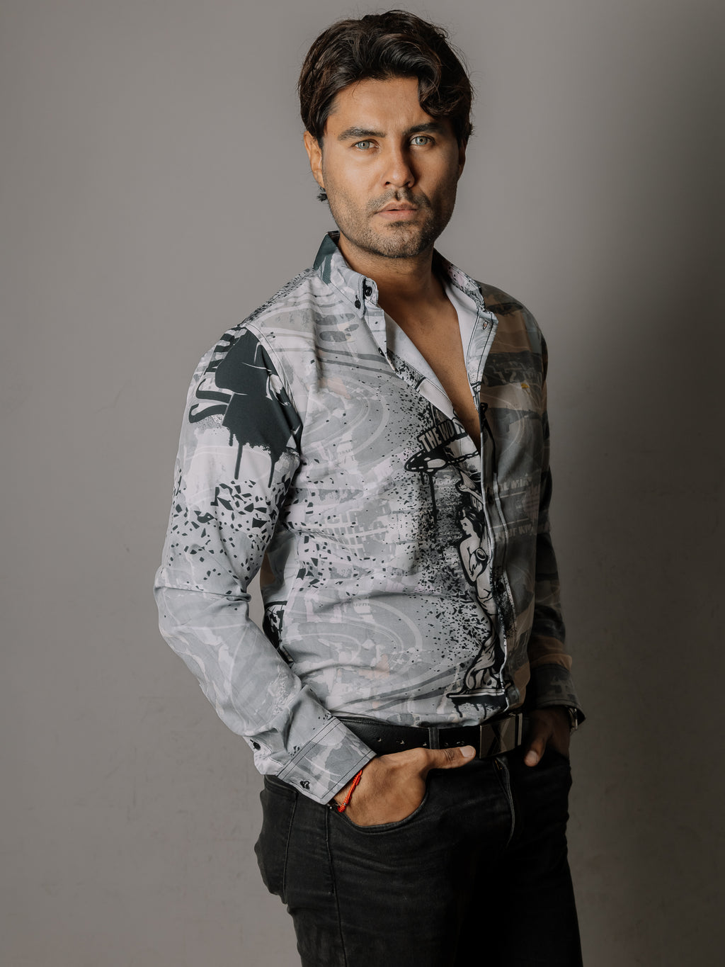 Camisa Hombre Casual Gris Detalles Negros Tony Montana