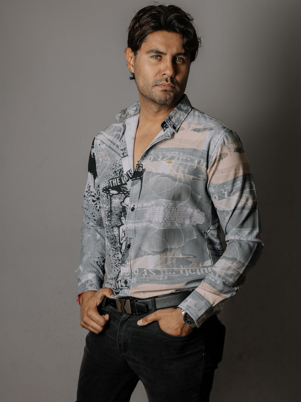 Camisa Hombre Casual Gris Detalles Negros Tony Montana