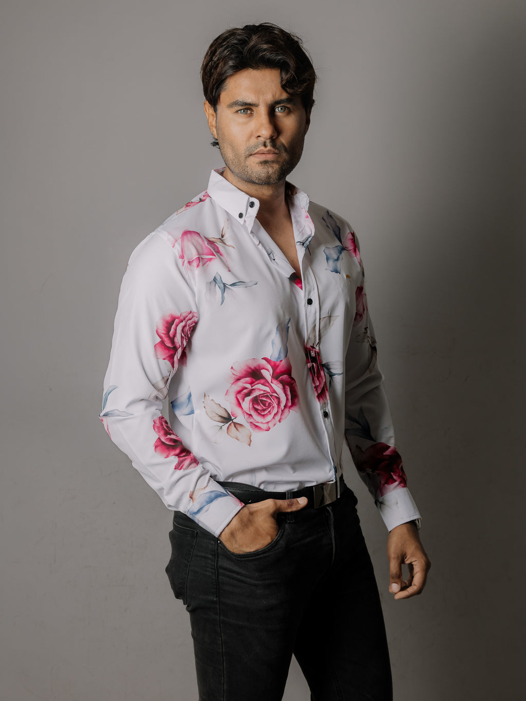 Camisa Hombre Casual Blanca Rosas