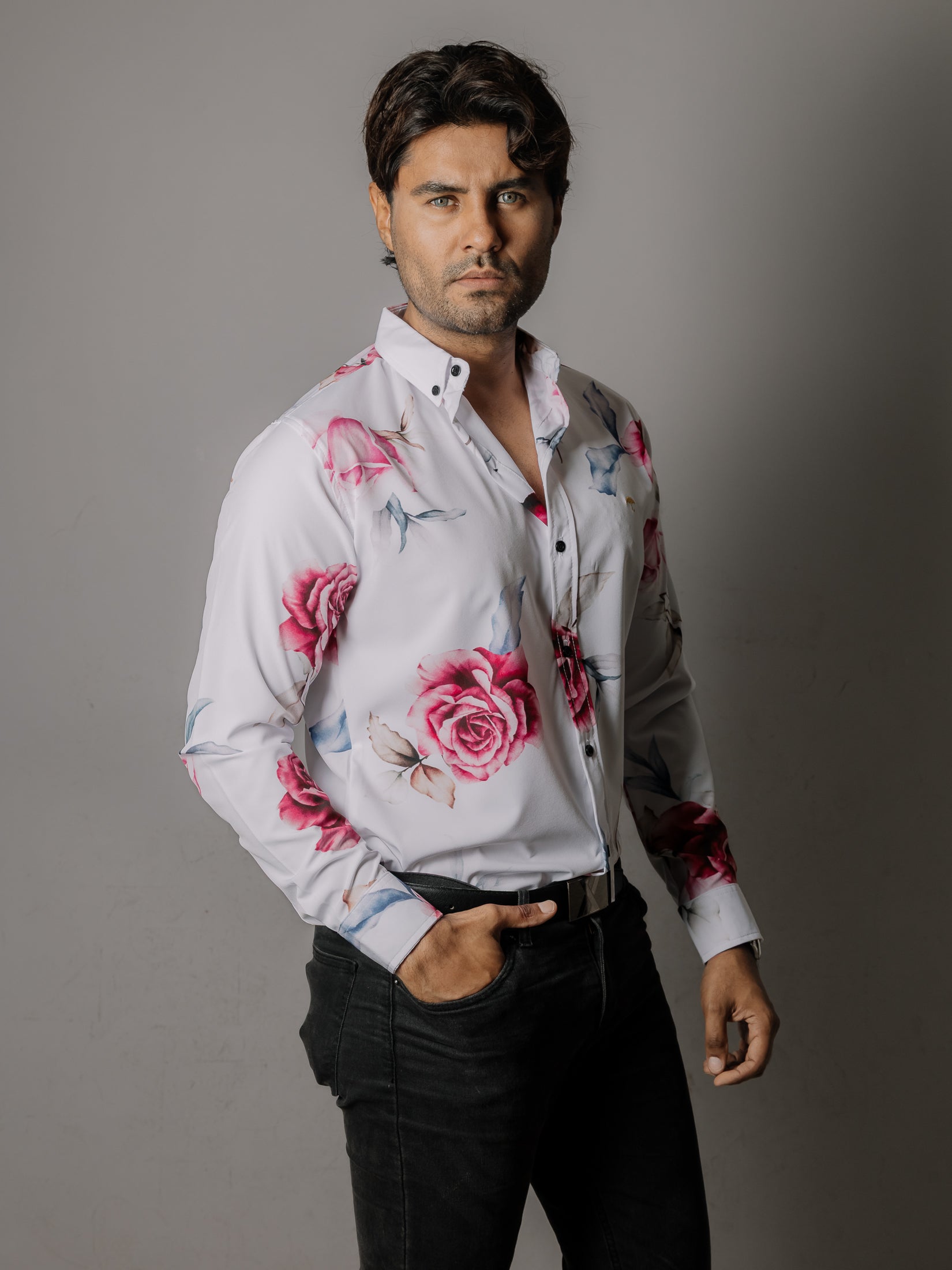 Camisa Hombre Casual Blanca Rosas