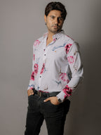 Camisa Hombre Casual Blanca Rosas