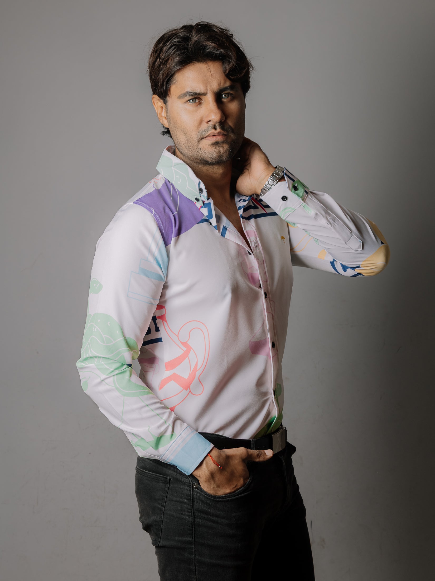 Camisa Hombre Casual Detalle Grecorromano Multicolor