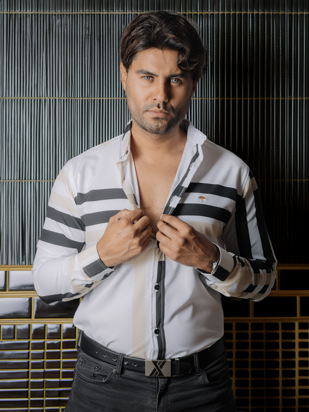 Camisa Hombre Casual Líneas Negra Amarilla