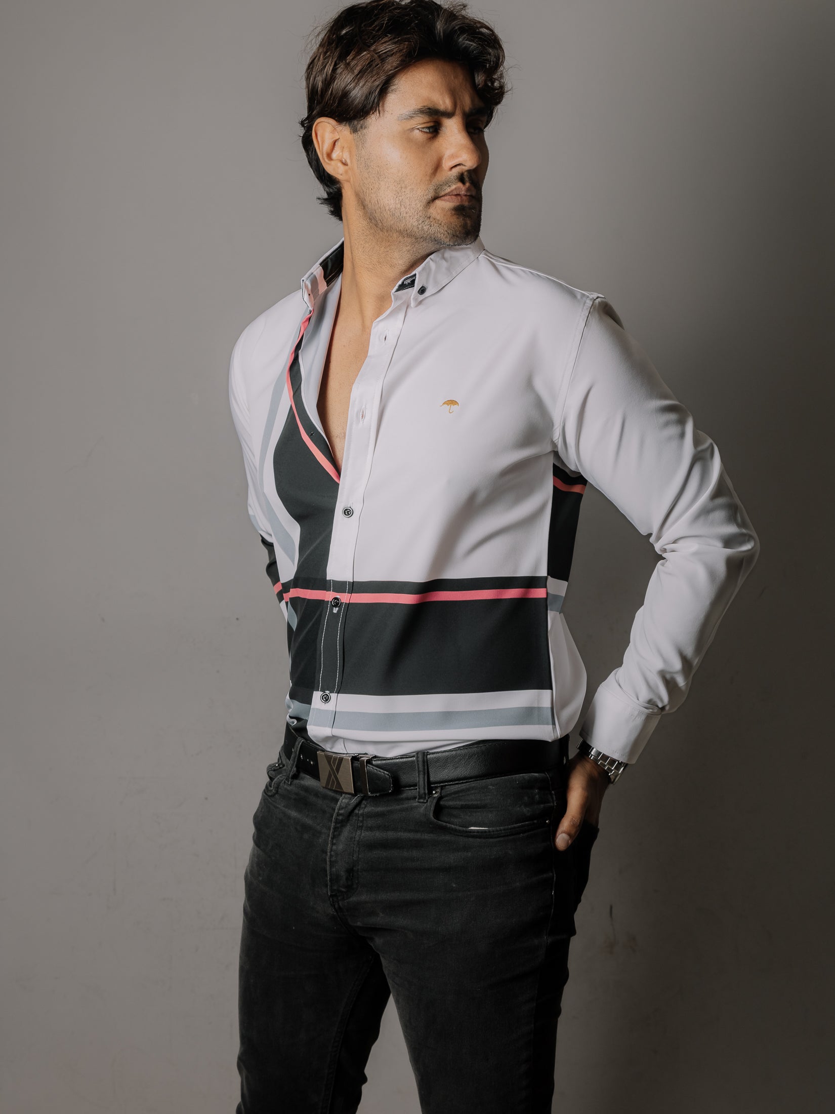 Camisa Hombre Casual Líneas Negra Gris y Rosa