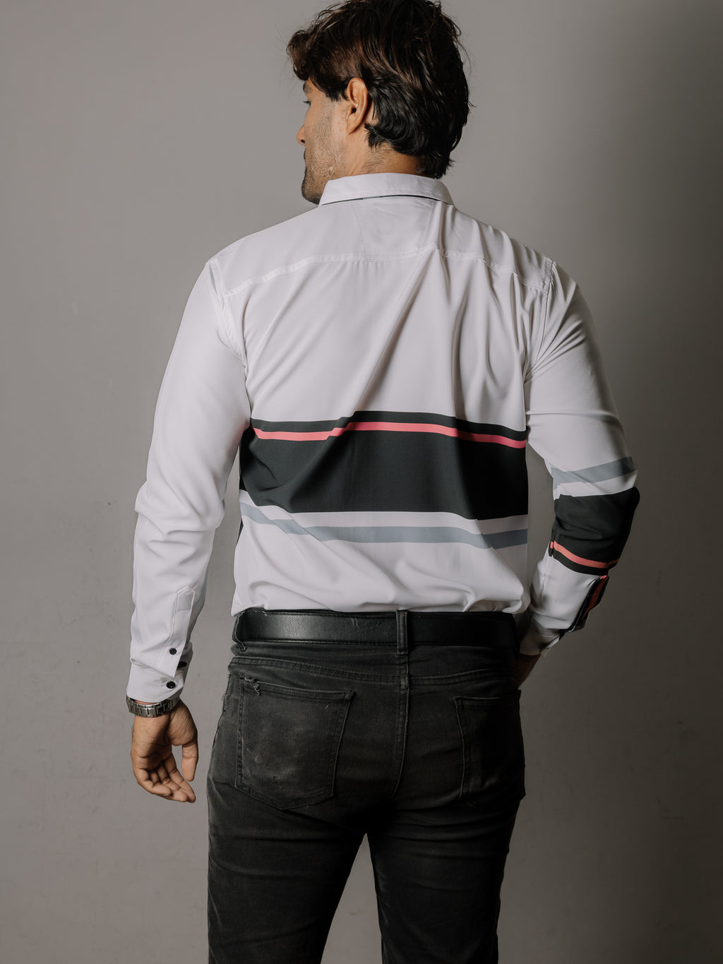 Camisa Hombre Casual Líneas Negra Gris y Rosa