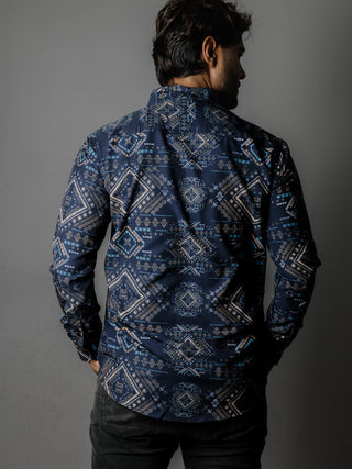 Camisa Hombre Azul Marino Detalles Azul Blanco Beige
