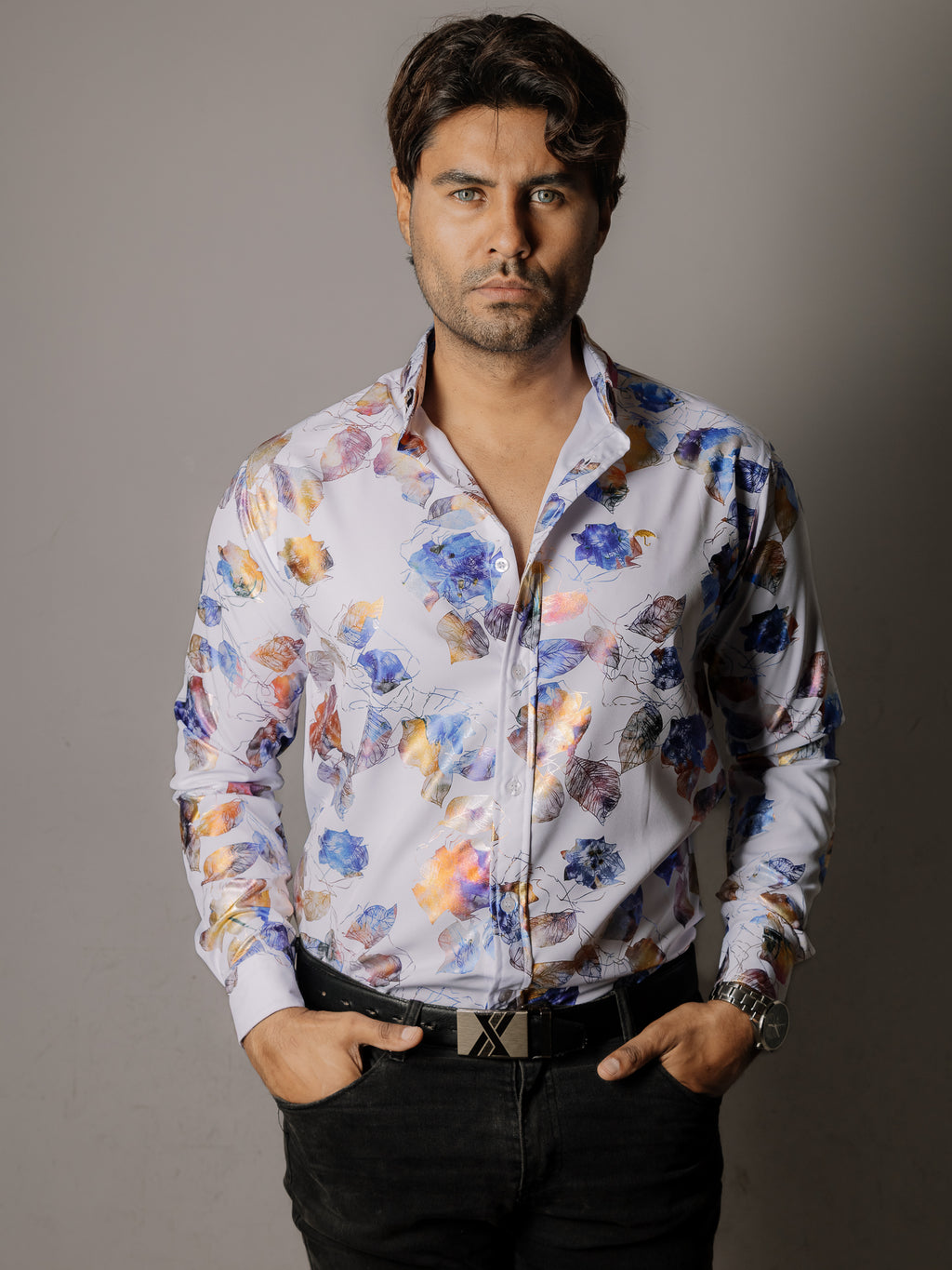 Men's Casual Slim Fit White Shirt with Blue Iridescent Leaves