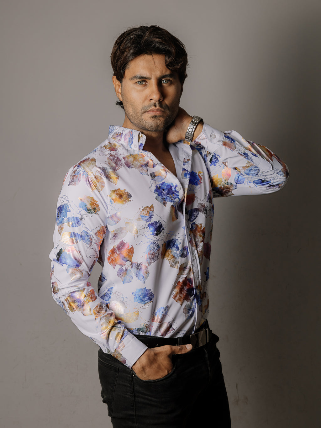 Men's Casual Slim Fit White Shirt with Blue Iridescent Leaves