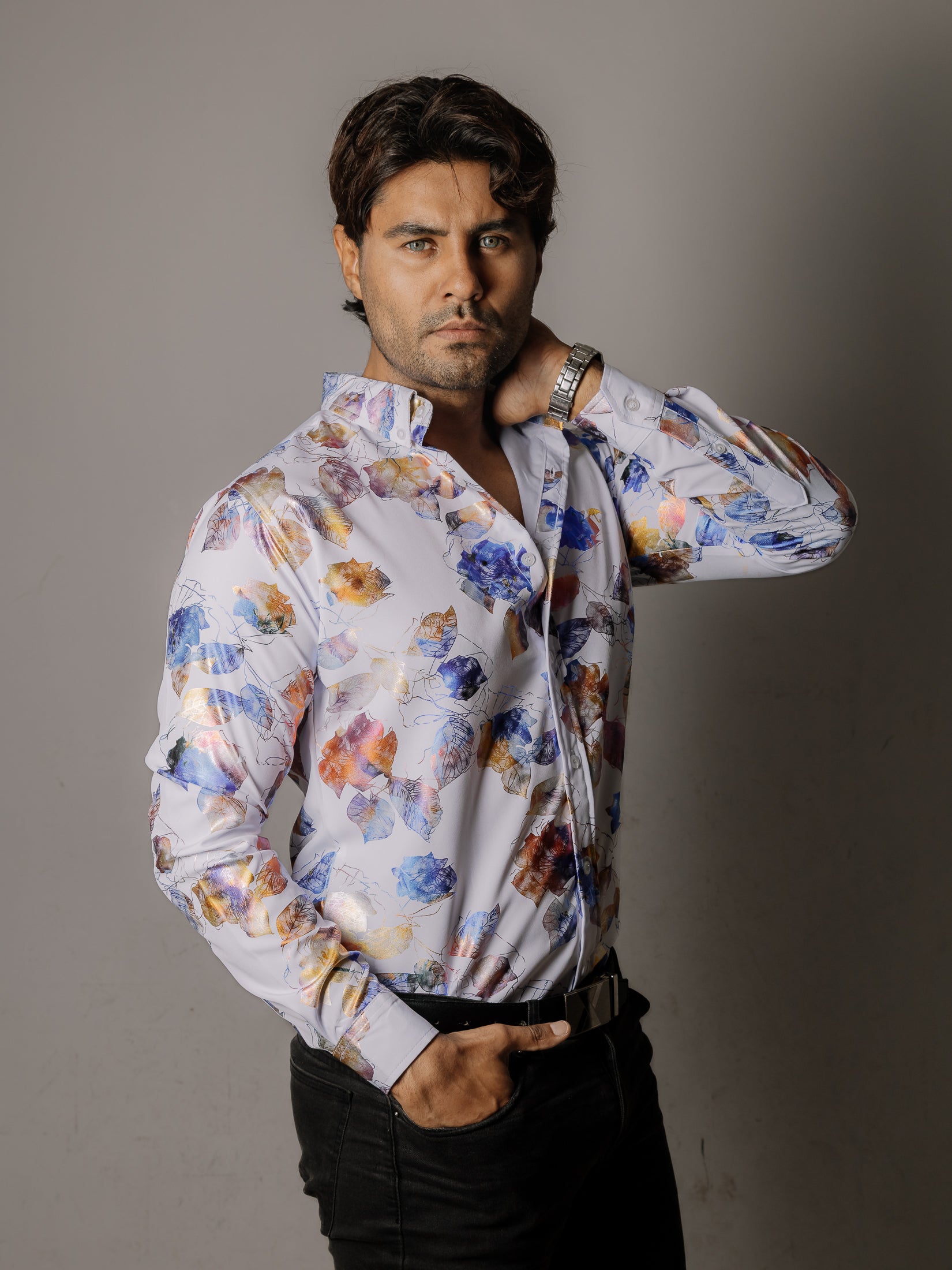 Men's Casual Slim Fit White Shirt with Blue Iridescent Leaves