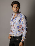 Camisa Hombre Casual Slim Fit Blanca Hojas Tornasol Azul