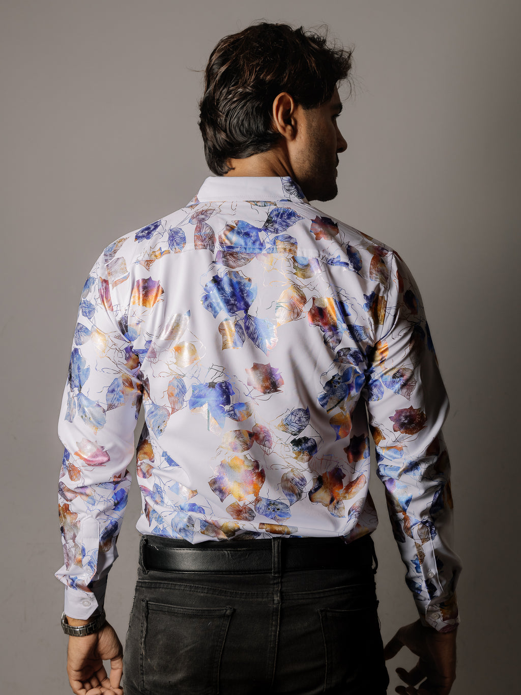 Men's Casual Slim Fit White Shirt with Blue Iridescent Leaves