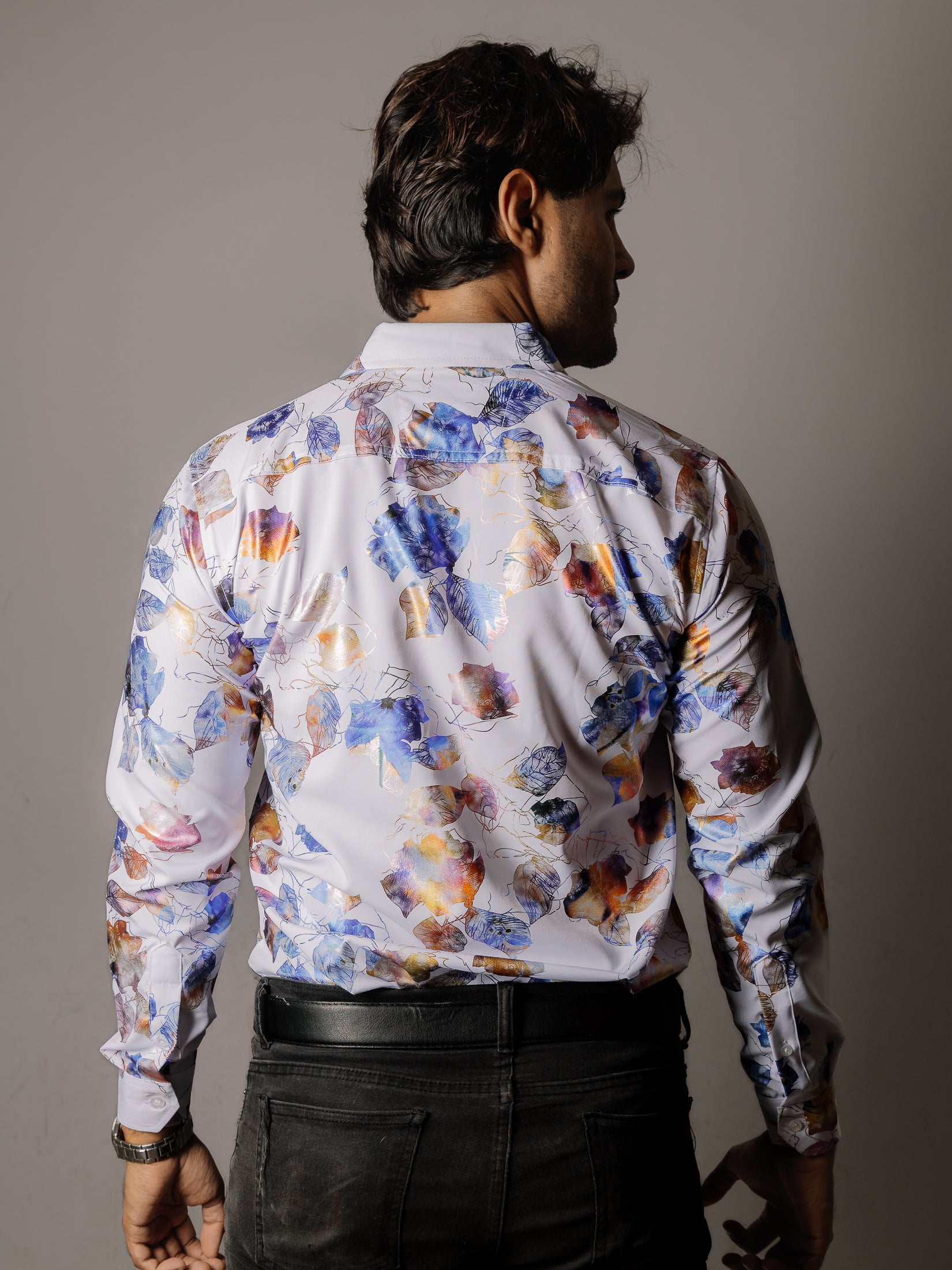 Men's Casual Slim Fit White Shirt with Blue Iridescent Leaves