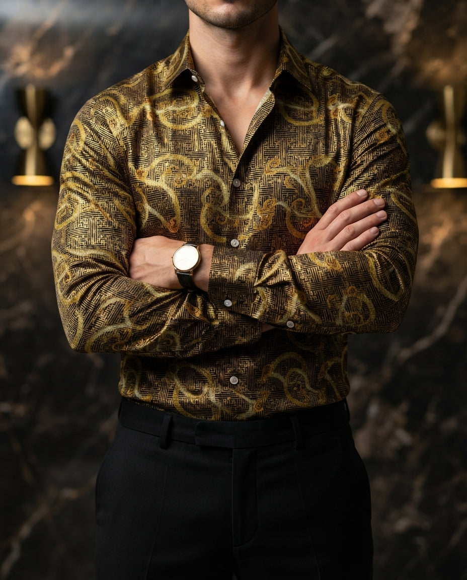 Camisa Hombre Casual Figuras Doradas, Negras