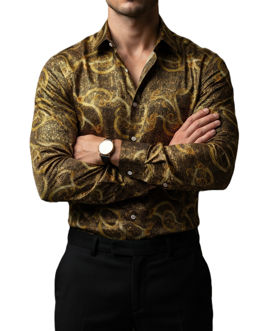 Camisa Hombre Casual Figuras Doradas, Negras