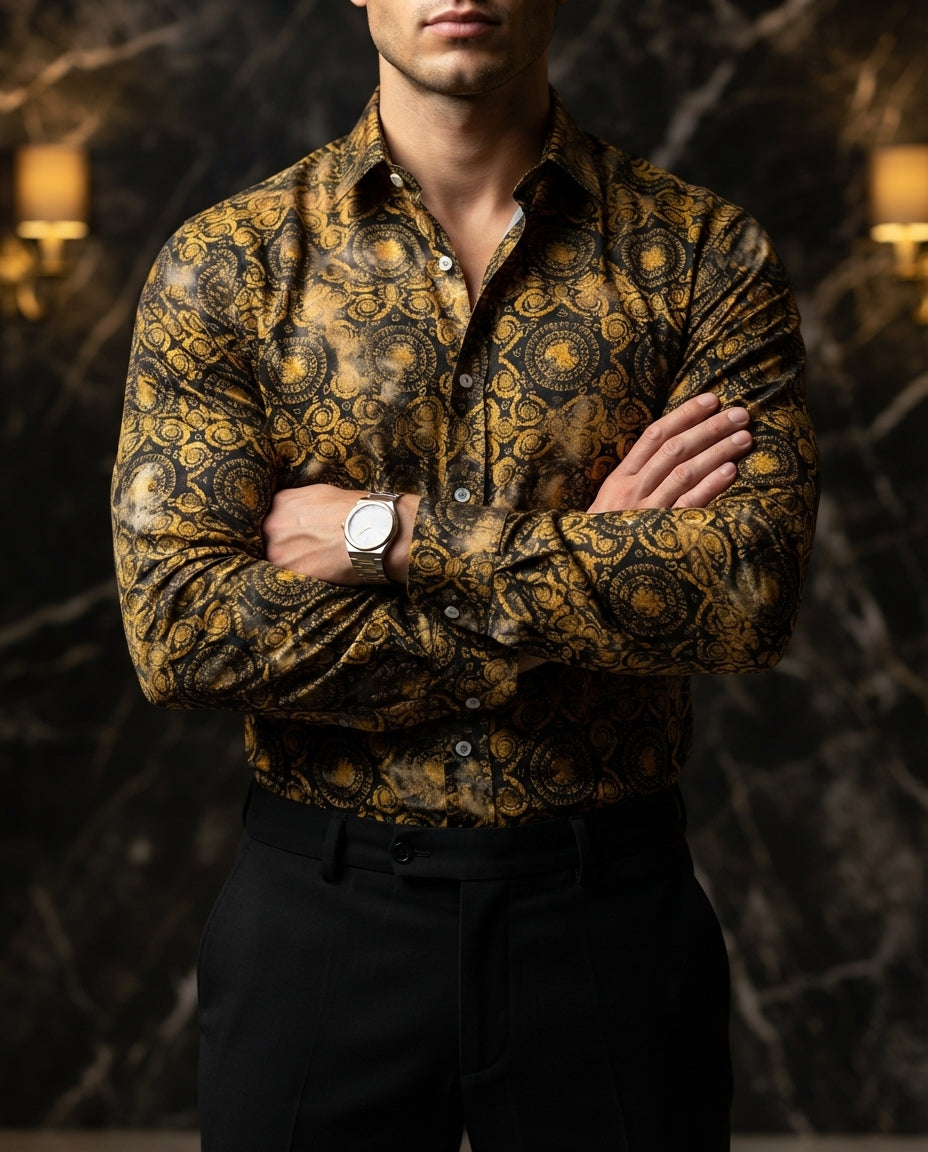 Camisa Hombre Casual Negra Cadenas Monedas Doradas