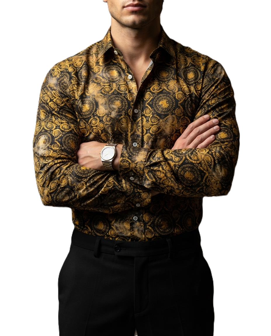 Camisa Hombre Casual Negra Cadenas Monedas Doradas