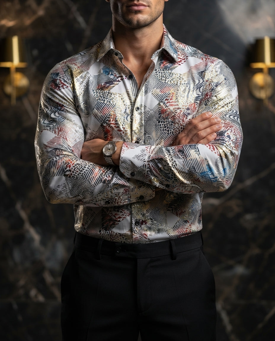 Camisa Hombre Casual Blanca Figuras Tornasol Colores