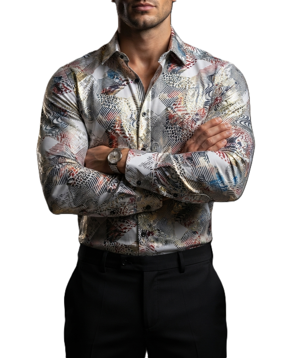 Camisa Hombre Casual Blanca Figuras Tornasol Colores