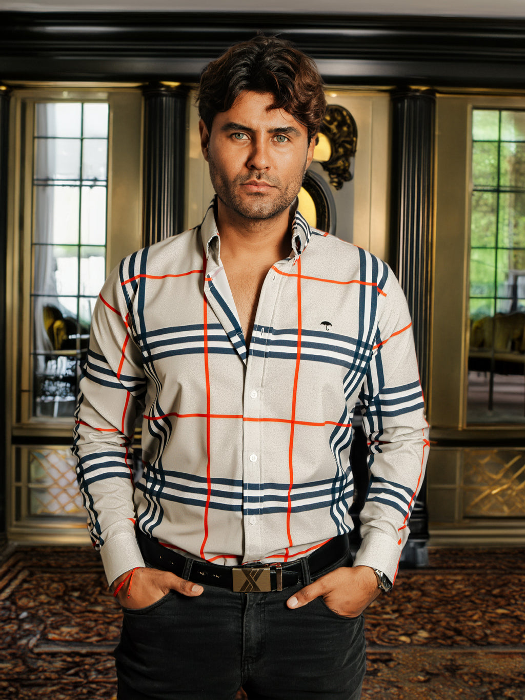 Camisa Hombre Casual Gris Cuadro Blanco y Azul Línea Naranja