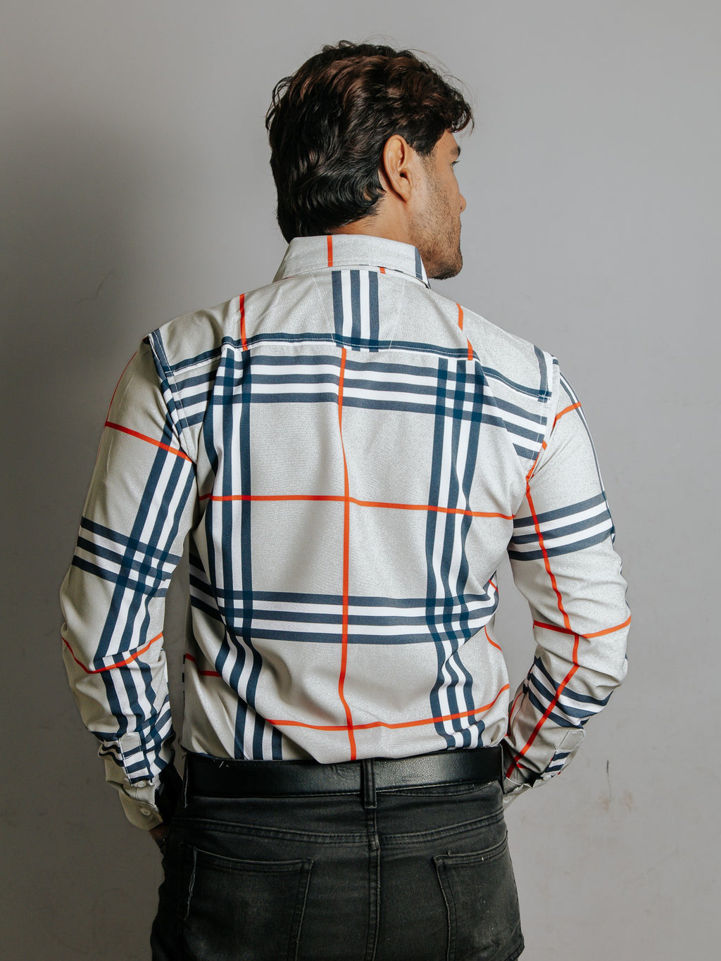 Camisa Hombre Casual Gris Cuadro Blanco y Azul Línea Naranja