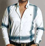 Camisa Hombre Casual Verde Grecas Blanca